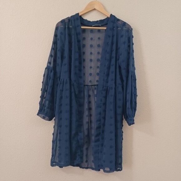 Elesol Swiss Dot Open Front Blue Kimono Cardigan Size Small - Picture 1 of 9